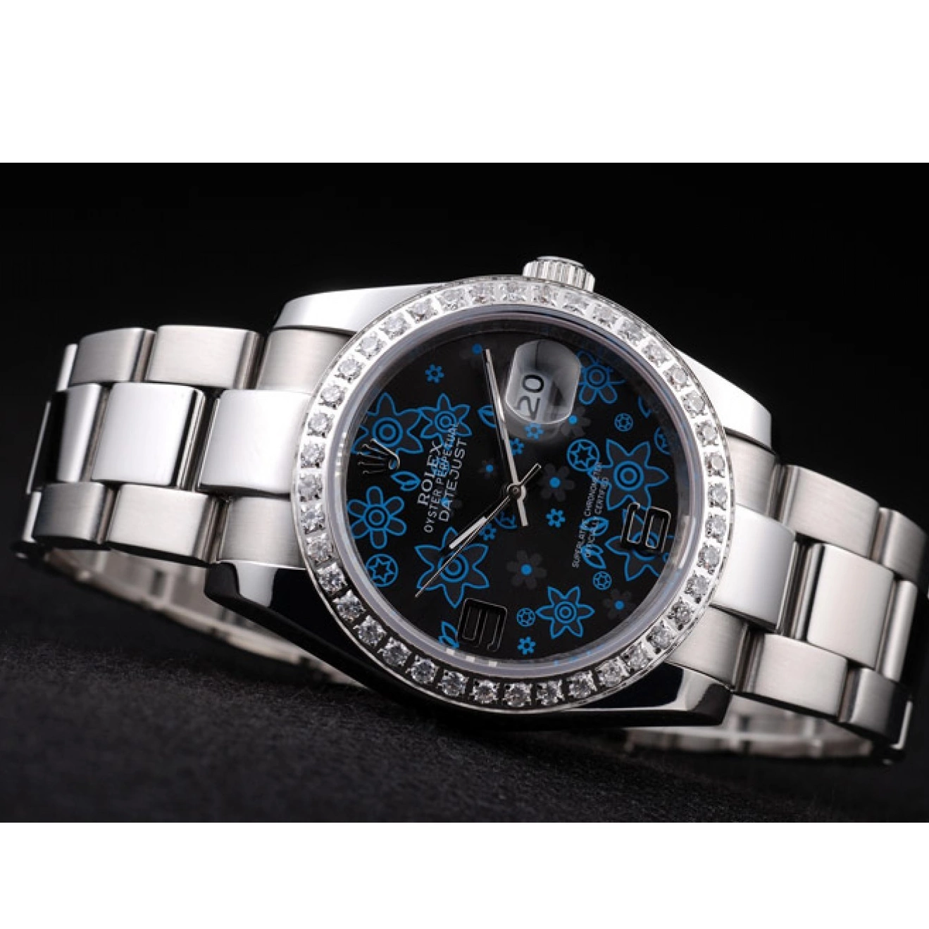 Good Copy Rolex Watches Diamond Blue Dial Steel Datejust Polished Plated Rolex Dark Flowers Stainless 0705